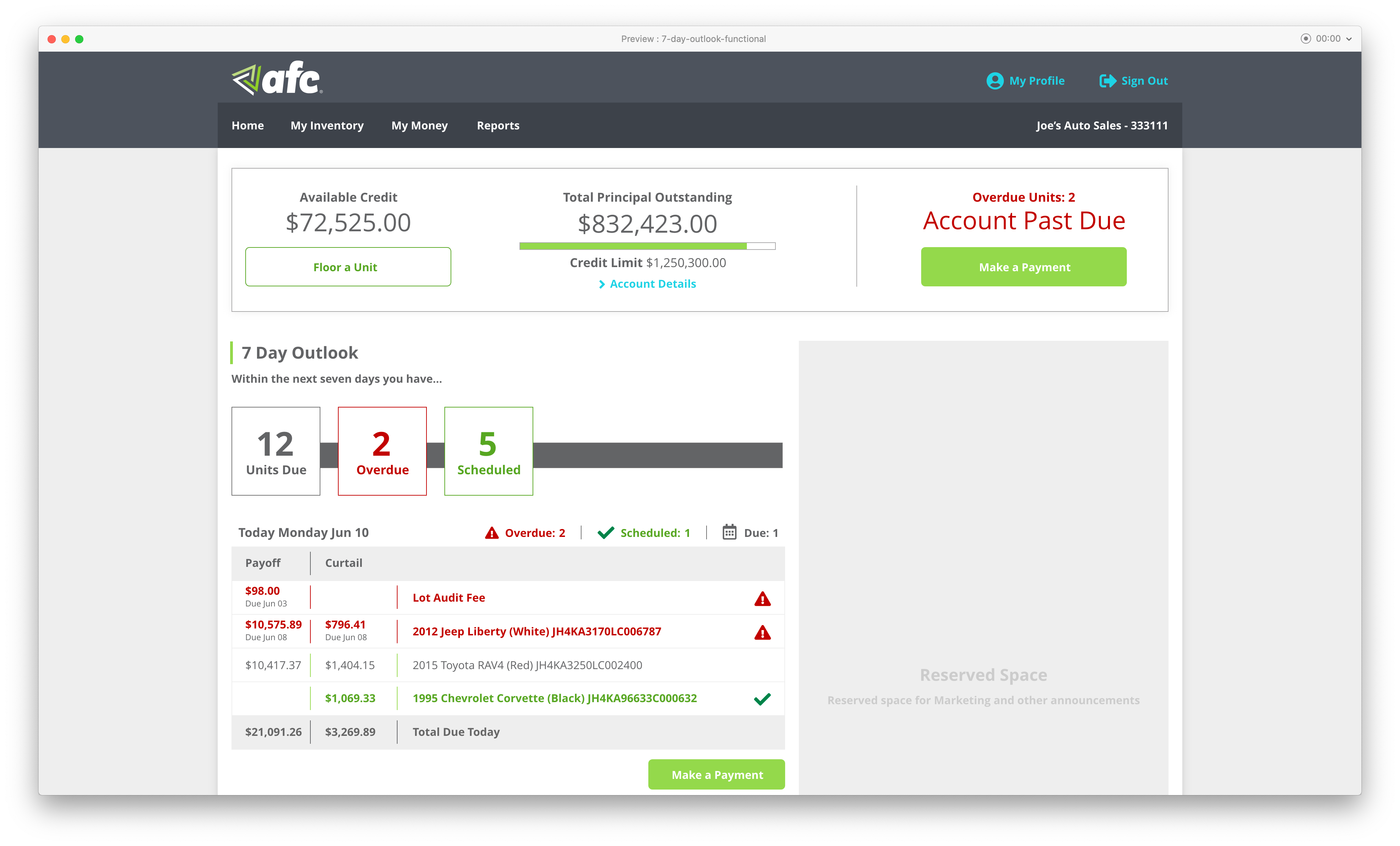 home page dashboard design for AFC Dealer